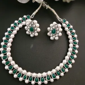 Moti Necklaces and Stud Sets for Women - Elegant Pearl and Blue Teardrop Design Jewelry Set