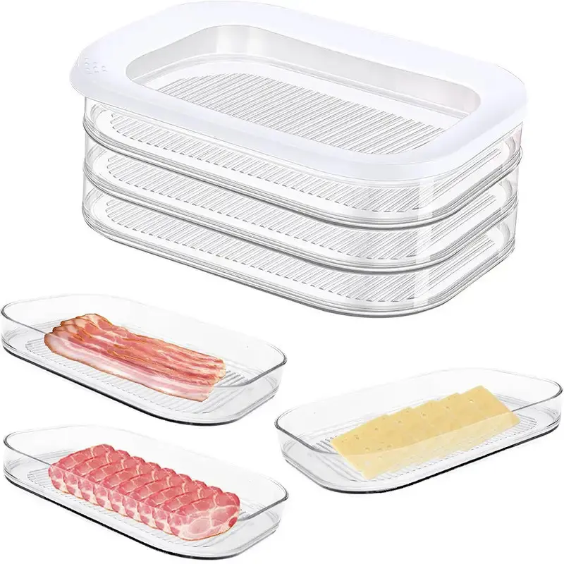 Stackable Food Storage Containers, Leak-Proof Refrigerator Boxes, Reusable Meat Preservation Organizers, Ideal for Bacon, Ham, Cheese, Beef Rolls, Shrimp, Clear Plastic Containers
