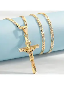 Men's Vintage 14K Gold-plated Jesus Cross Pendant Necklace With Smooth Chain Religious Jewelry For All Year Round Easter Graduation Gift Classic Cross Pendant Faith Pendant Necklace
