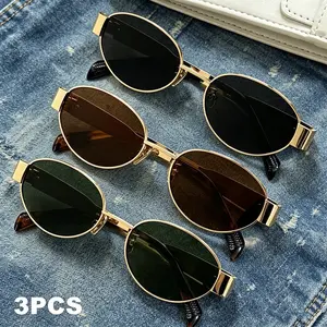 Women's 3-Pack Elegant Oval Metal Frame Fashion Sunglasses, Tinted Lenses, Daily Wear & Beach Accessories, Ideal Female Gifts