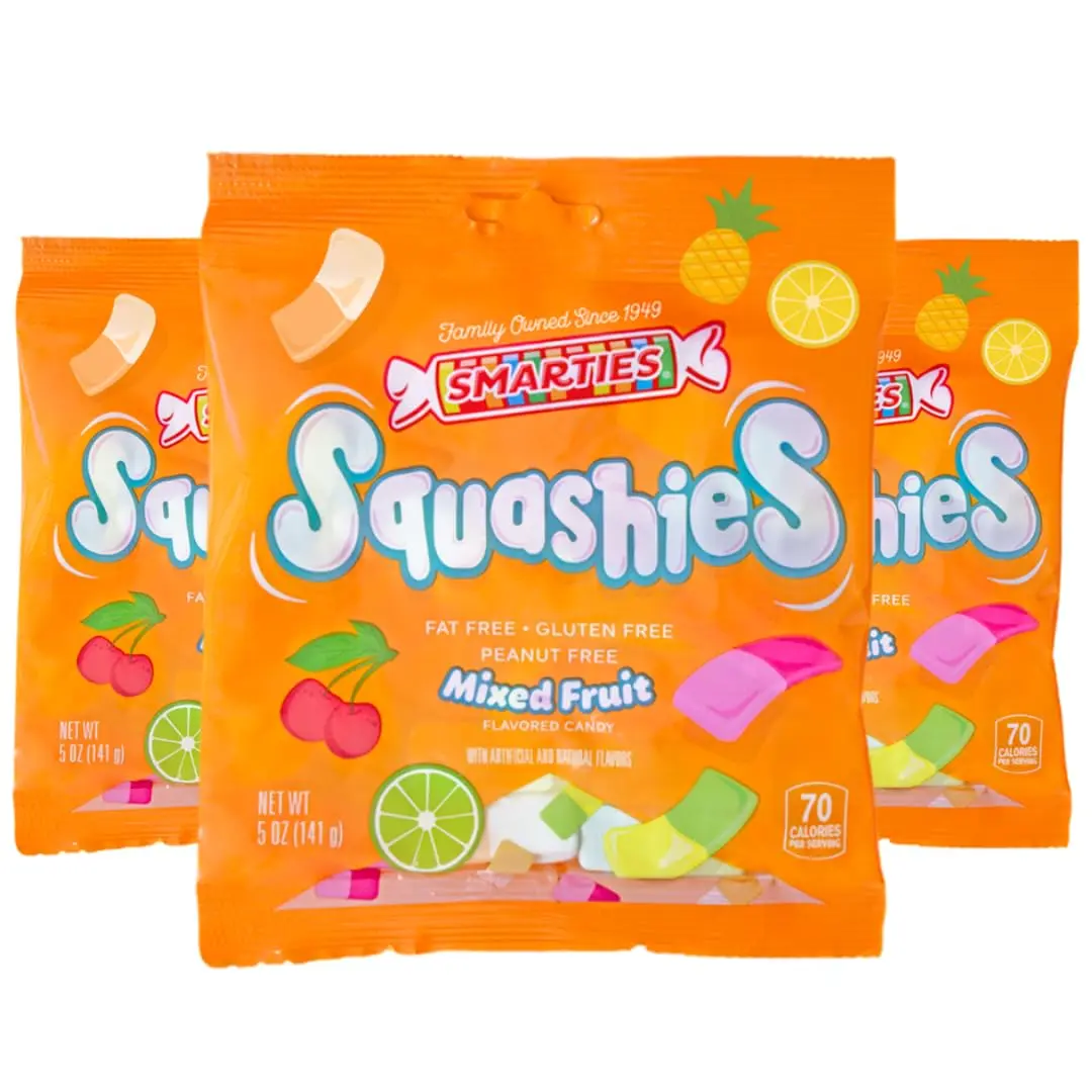 Smarties Squashies Mixed Fruit Flavor |Pack of 3| Gluten Free Candy | Peanut Free | Perfect for Birthday & Halloween Party Favors | 5 oz Candy Bags