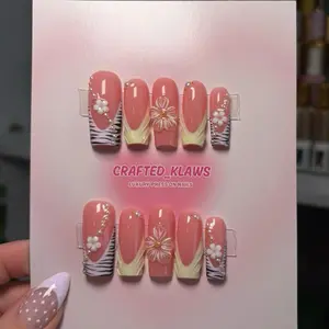 3D Summer Press Ons - Pink & Pastel Yellow Design with Floral Accents and Zebra Print