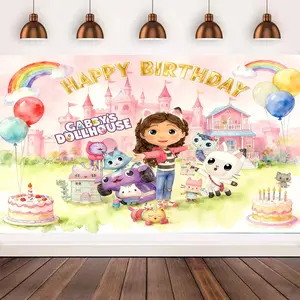 Cartoon Anime Gabby Dollhouse Happy Birthday Banner Backdrop Party Photography Background Poster Wall Art Outdoor Home Decor Party Supplies
