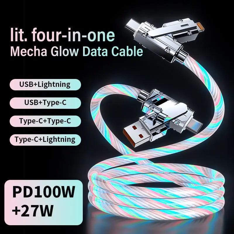 100W 4-in-1 Fast Charging Cable - Multi-Port Cable with USB-A, Lightning, Type-C Connectors, EU-Type Charging Solution for Smartphones, Mobile Electronics, Four-In-One