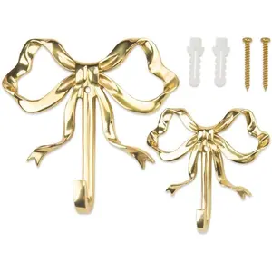 2-Pack Brass Screw Hooks with Bow Design Vintage Style Gold Wall Hooks for Bathrooms Bedrooms Hanging Hats Towels Coats Organiser Set