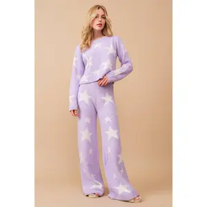 Starry Night Lounge Set - Lavender, Autumn Winter Fleece, High Waist, Wide Leg Flare, Long Sleeve Cropped Sweater, Cozy & Soft