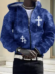 Men’s full-zip long-sleeve hooded sweatshirt for spring and autumn, tie-dye cross pattern print, drawstring hood design, kangaroo pocket—ideal for streetwear, jogging/running workouts, , vacations, outdoor commuting, and camping. Men’s casual hooded Blue/
