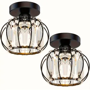 2-Pack Semi-Flush Mount Ceiling Lights, Small Crystal Ceiling Light, Farmhouse Metal Cage Ceiling Light, Indoor Industrial Lighting, Home Decoration Lamp, Interior Lights