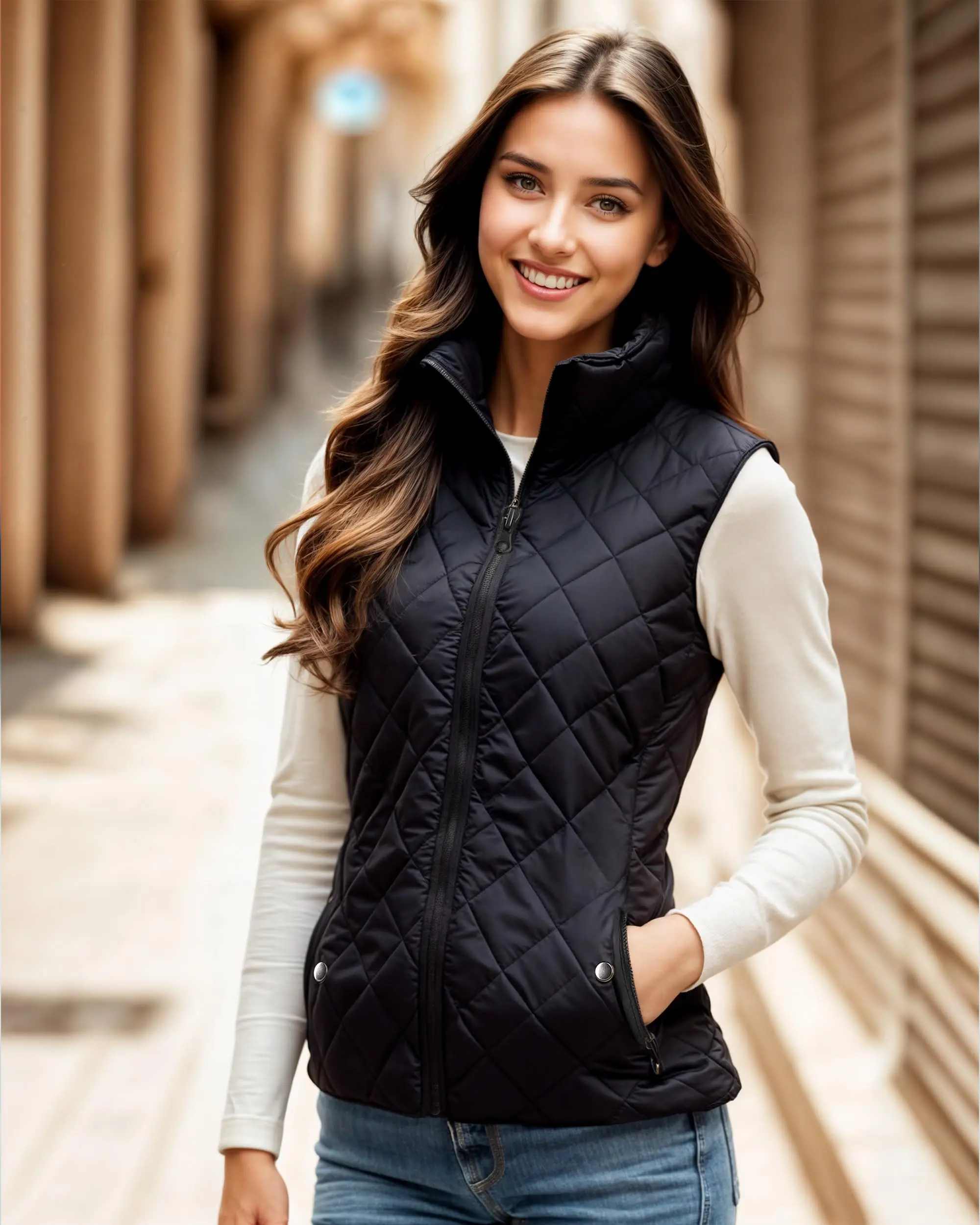 Black Puffer Vest for Women Slim Fit Lightweight Quilted Zipper