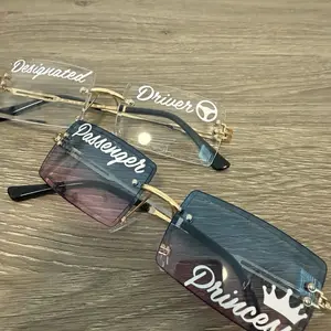 Passenger Princess & Designated Driver Couples Sunglasses - Matching Unisex Rimless Rectangle Glasses - Personalized Customization - TikTok Shop Fashion Accessories