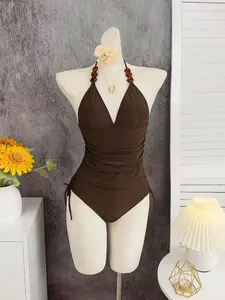 Women's Two-Piece Tankini Set, Plain Design with Resin Irregular Beads, Comfortable Fashion for Pool Beach Daily Use