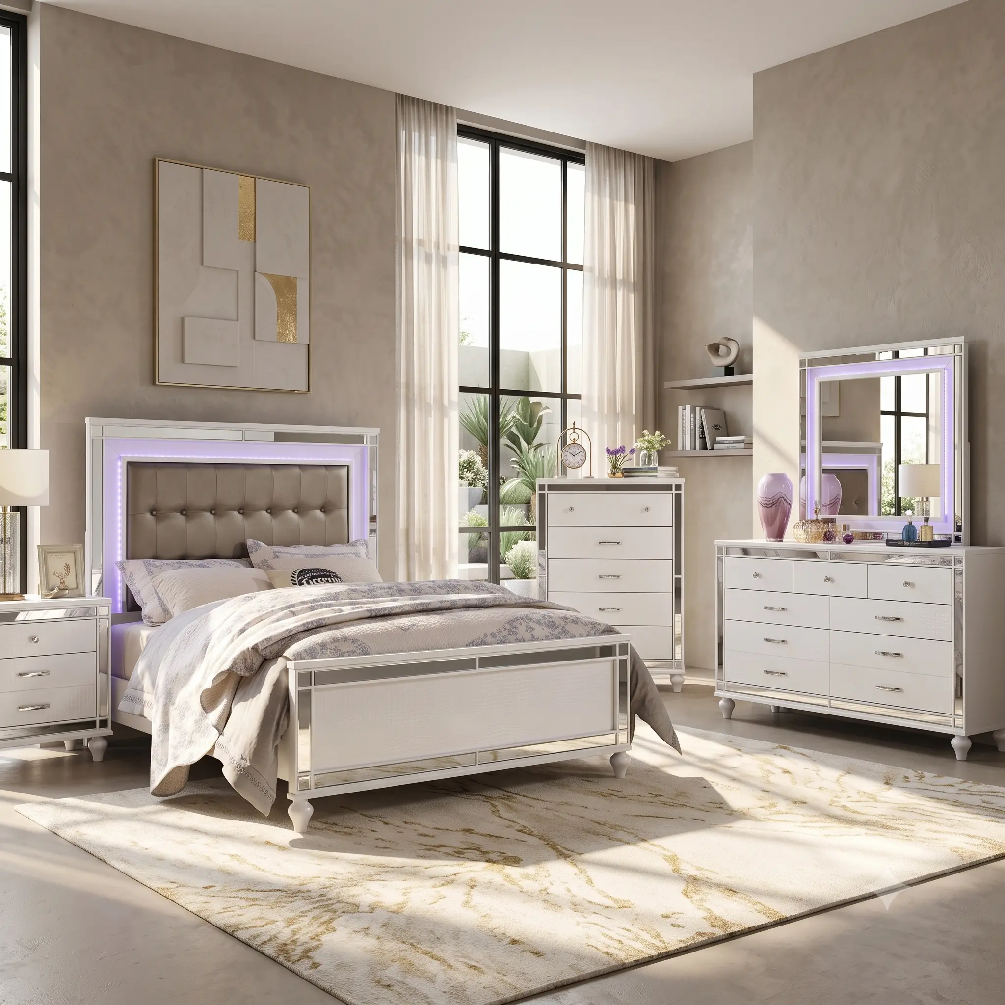 BRACHIUM Contemporary Bedroom Set with LED Light Headboard