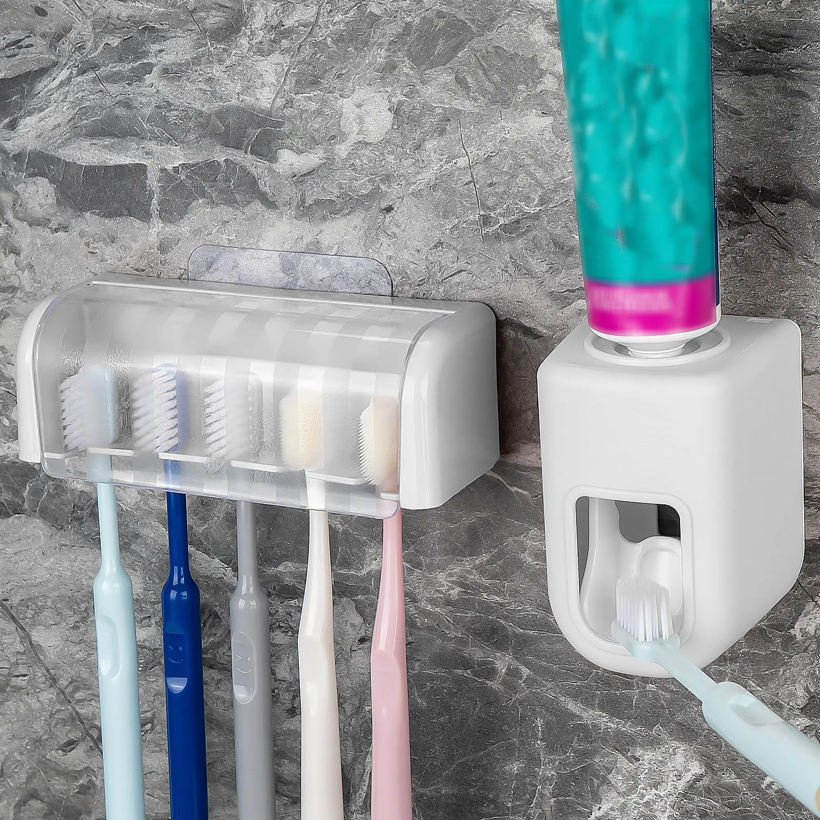 Wall Mounted Toothbrush Holder, 1 Count Toothbrush Storage Rack with Automatic Toothpaste Squeezer, Toothpaste Dispenser, Toothbrush Holders for Bathrooms, Bathroom Supplies, Bathroom Accessory for Home Dormitory Hotel