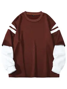 New Colorblock Faux Two-Piece Fitted Sweatshirt, Contrast Long Sleeve Design, Simple Style, Casual Cool Fit for Daily Wear