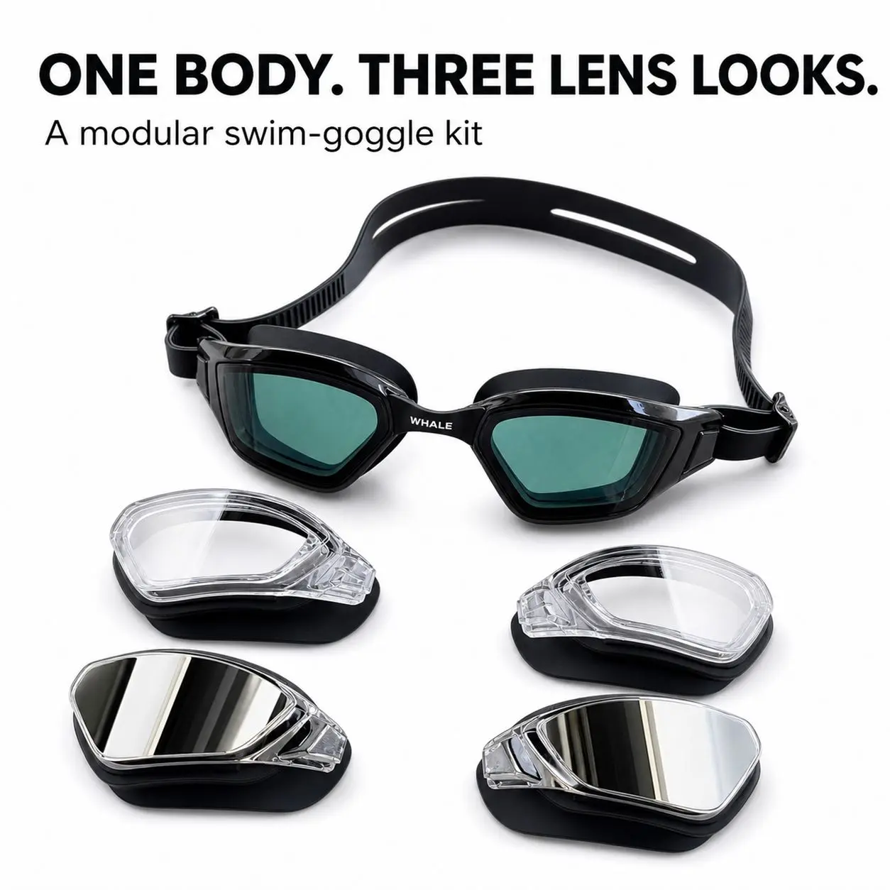 WHALE Modular Swim Goggles Kit for Adults, Interchangeable Paired Lenses with Green-Cyan, Clear and Silver Mirror Options