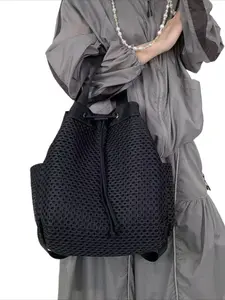 Ladies' mesh fashionable casual large capacity shoulder bag, retro street style city bag, multifunctional backpack, drawstring design front pocket simple handbag, suitable for daily use and vacation Backpacks Women