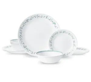 White and Green Round 12-Piece Dinnerware Set - Country Cottage Style Cutlery Tableware
