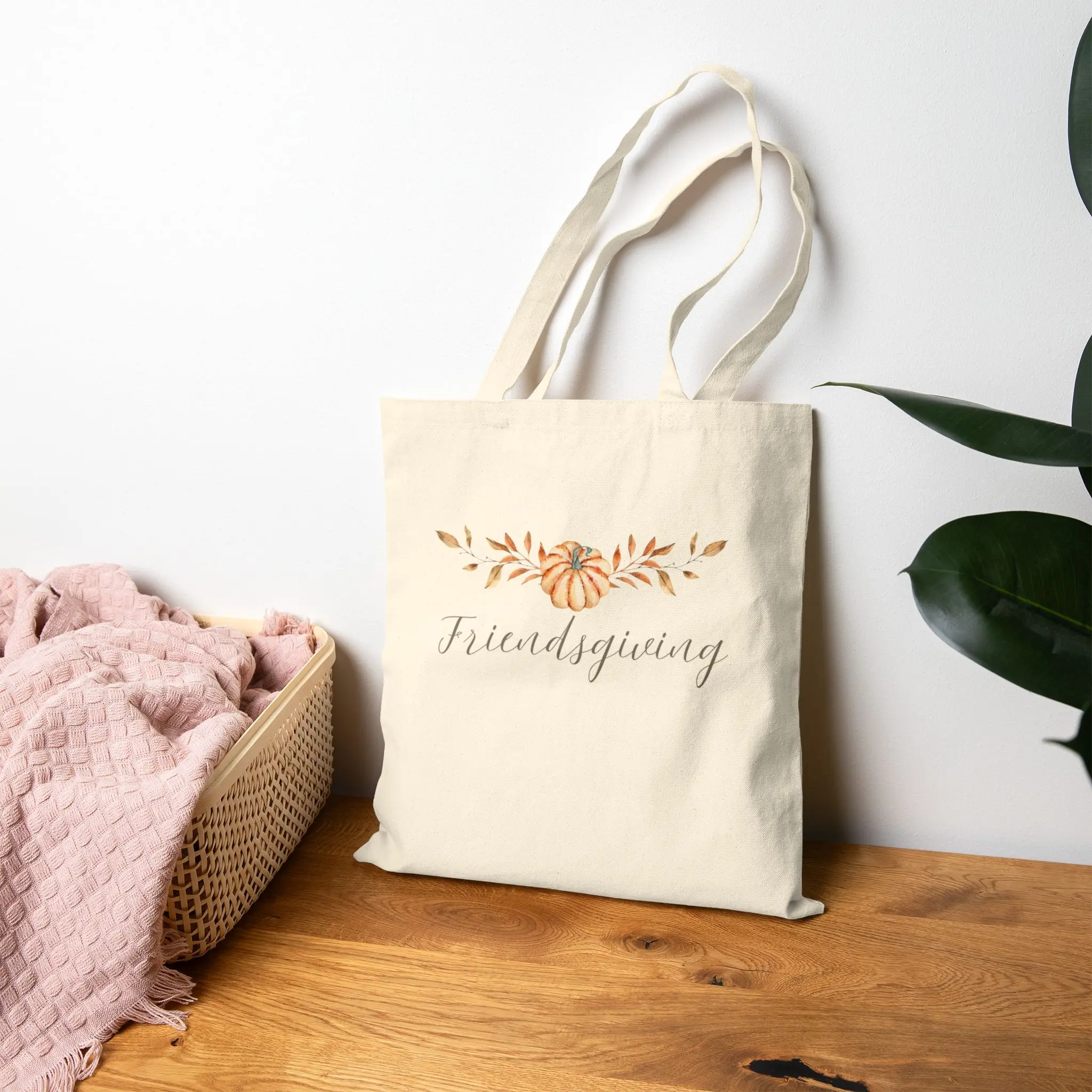 Fall Pumpkin Friendsgiving Cotton Canvas Tote Bag, Thanksgiving Shopping Bag, Autumn Reusable Grocery Bag, Holiday Gift Idea, Eco-Friendly