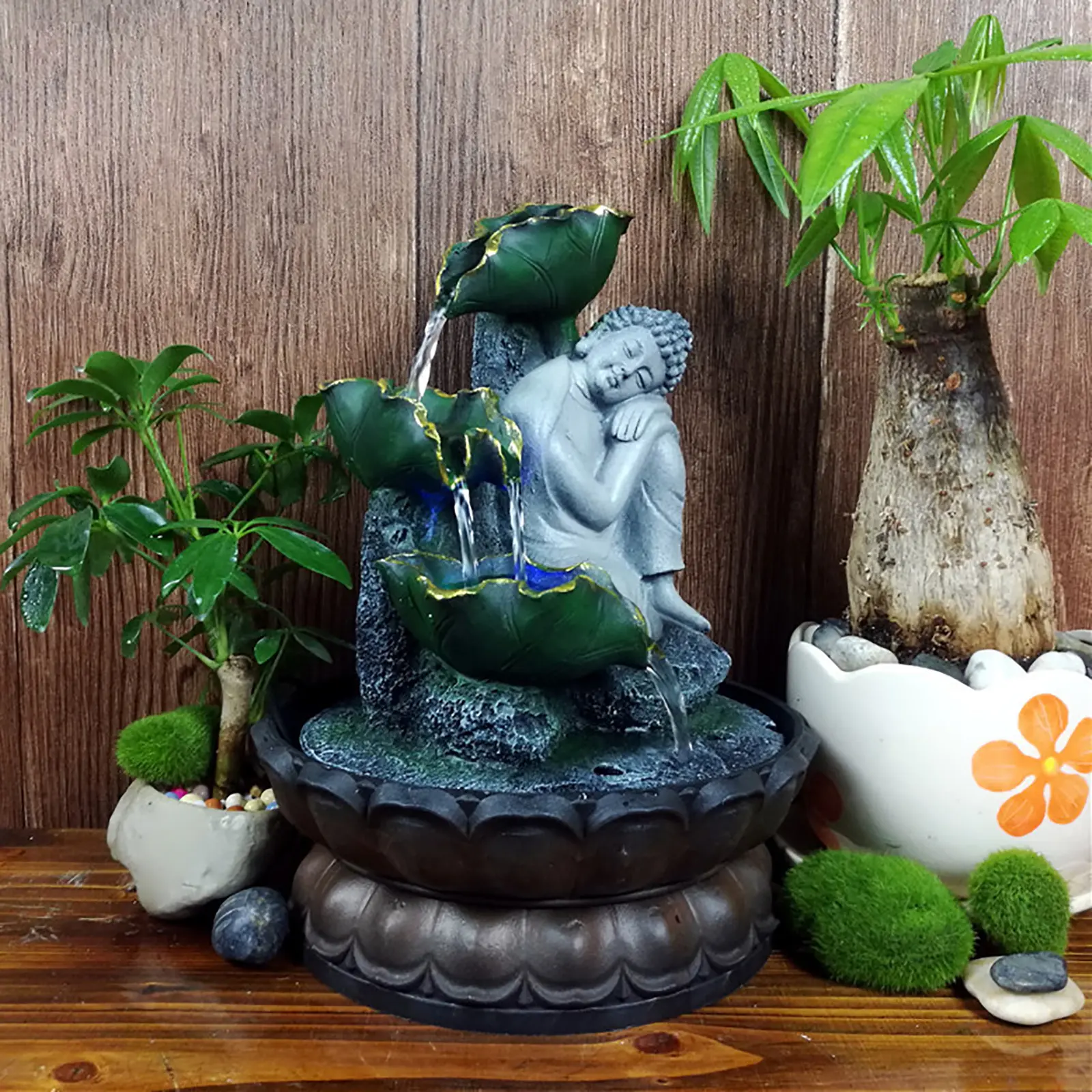 CNCEST Handmade Resin Sleeping Buddha Automatic Water Fountain, 28x20.5cm Religious Buddhism Decorative Ornament with Auto-Color LED Lights, Running Water, 110V Zen Meditation Room Decorations for Home Office