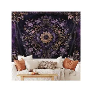 Boho floral mandala tapestry wall hanging,dark purple gothic aesthetic polyester tapestry for bedroom,living room,dorm decor,vintage botanical wall art,celestial bohemian room decoration,large decorative wall tapestry for home apartment sofa Background