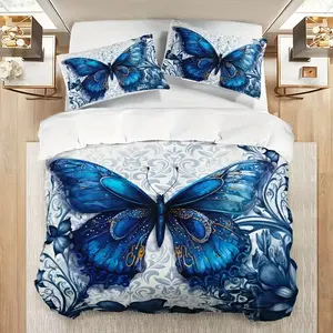 Blue Butterfly Decorative Bedding Set, 3-Piece (1 Fitted Sheet + 2 Pillowcases), Soft Comfortable, Perfect Gift for Animal Lovers