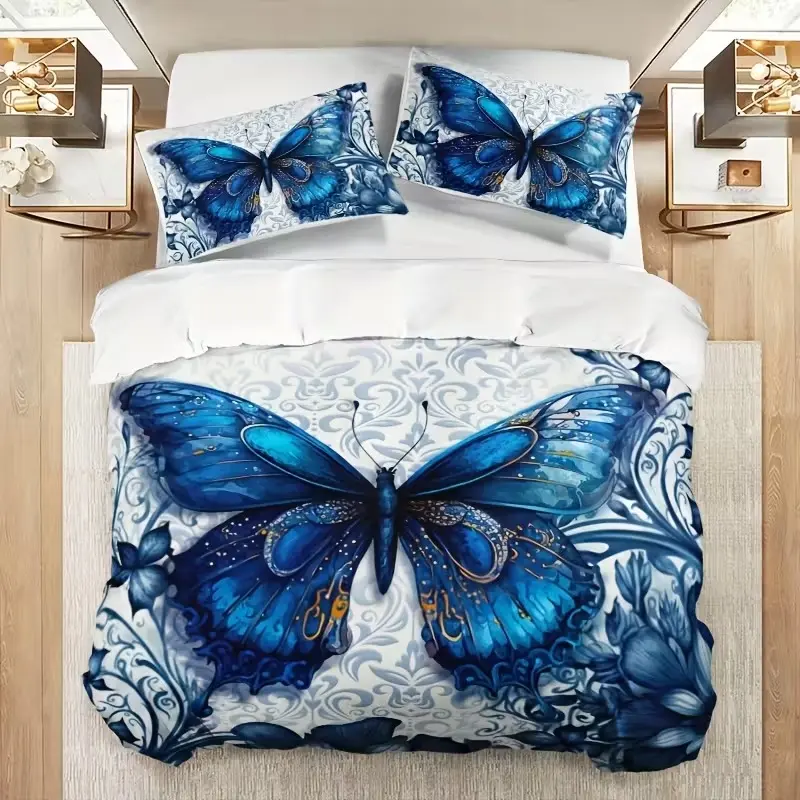 Blue Butterfly Decorative Bedroom Bedding Set, 3-Piece (1 Fitted Sheet + 2 Pillowcases), Soft Comfortable, Perfect Gift for Animal Lovers