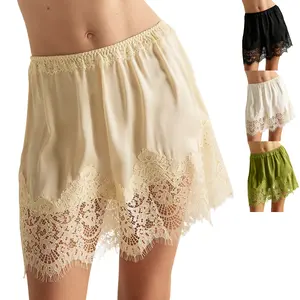 Kingapril Women’s Satin Silk Lace Mini Skirt, Y2K Cute Coquette Satin Mini Skirt, 2026 Spring Summer Low Rise Lace Trim French Knickers Style Micro Mini Skirt.