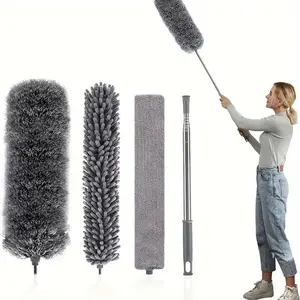 4-piece set of Adjustable & Bendable Microfiber Duster - 3 replaceable cleaning brush heads + 1 retractable rod - Washable, Reusable Home Cleaning Tool, House Cleaning Tools, for High Ceilings, Furniture, and Cars