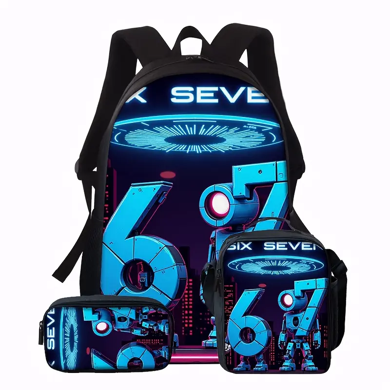 Cyberpunk "SIX SEVEN" Robot 3PCS Backpack Set, Durable 600D Oxford Cloth School Bag with Lunch Box & Pencil Case Combo, Adjustable Breathable Strap, Fits 15in Laptop for Kids Teens School Travel Outdoor
