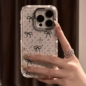 Polka Dot Bow Luxury Rhinestone Fashion Phone Case, Transparent Glitter Star Bumper Anti-Drop Case, Suitable for iPhone 17 Pro Max 17 Air 16 15 14 Plus 13 12 11 Protective Cover, Christmas Gift, New Year Gift, Easter Gift, Halloween Gift, for Friends