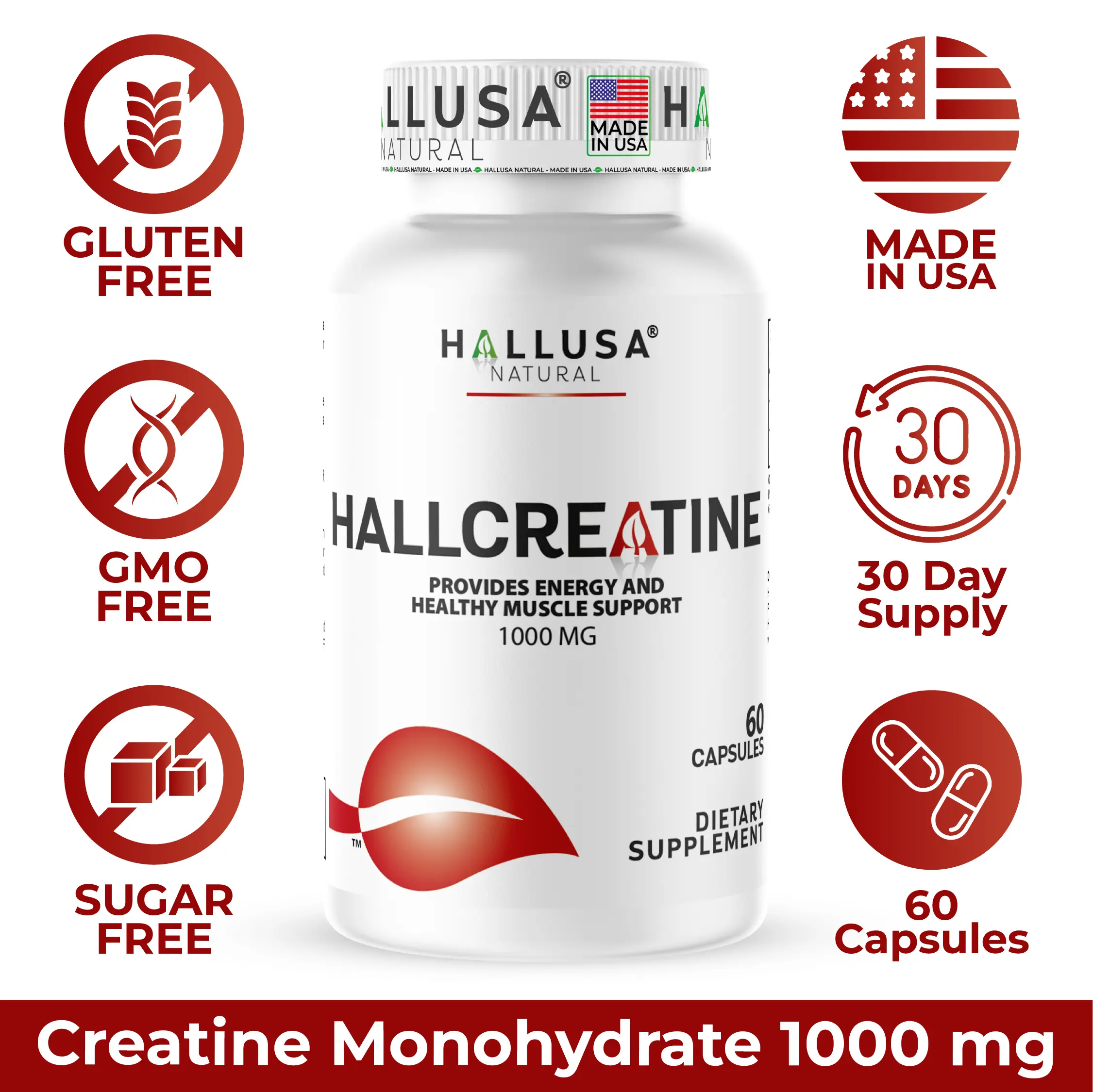 Hallusa Natural Creatine Monohydrate Capsules, 60 Count (30-Day Supply) - Organic, Gluten-Free Dietary Fitness Supplement for Adults, Aids Muscle Resistance, Recovery & Mass, Supports Lean Muscle Goals