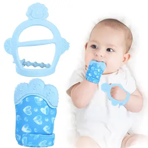 Vicloon Silicone Teething Mitt 2Pcs Baby Teething Mitten with Adjustable Strap Crinkle Sound Textured Self Soothing Chew Toys for 0-6 Month Infants