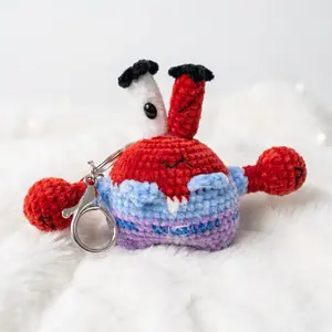 Crochet Crab Keychain - Adorable Handmade Amigurumi Crab with Red Body and Blue Stripes - Perfect for Bags and Backpacks