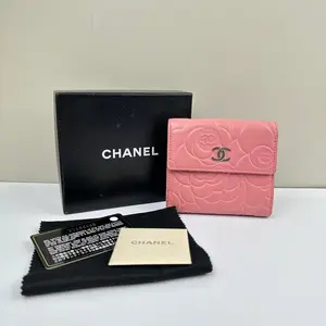 Pre-owned CHANEL Calfskin Card Holder Camellia Embossed Flap Pink CPU0414