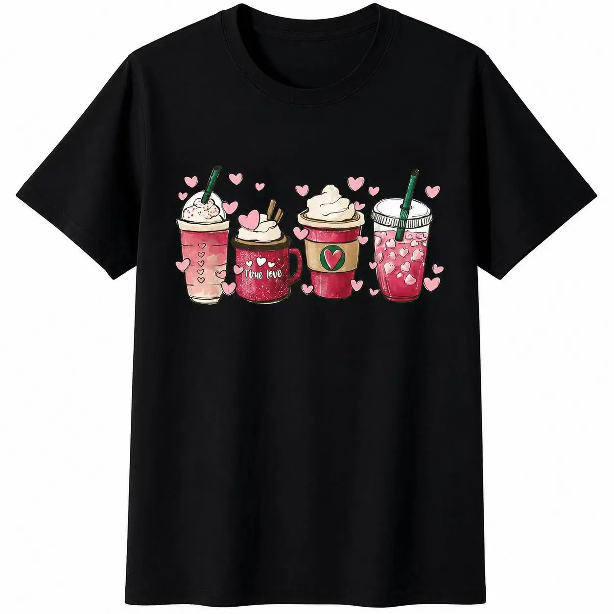 Cute Coffee Drink Graphic T Shirt for Women, Heart Coffee Cup Tee, Trendy Beverage Lover Short Sleeve Shirt, Gift Idea