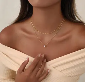 Exquisite Double Necklace for Women Gold Plated Cubic Zirconia Layered Chain Anti-Oxidation Handmade Jewelry Gift for Her