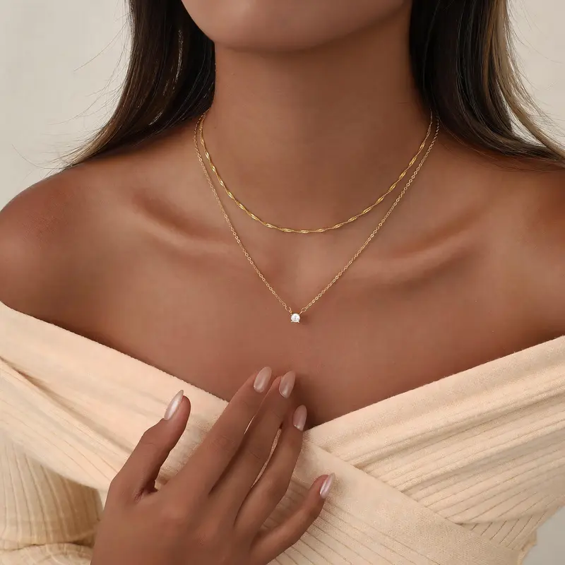 Exquisite Double Necklace for Women Gold Plated Cubic Zirconia Layered Chain Anti-Oxidation Handmade Jewelry Gift for Her,Real Gold Plated,Sparkling Zircon