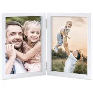 4x6 Double Picture Frames Hinged MDF  with Real Glass Stand Vertical on Tabletop, White