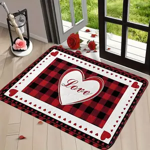 1Pc Ins Black-Red Checkered Heart-Oil Faux-Cashmere Entry Mat, Quick-Dry Fade-Proof Non-Slip, Door-Kitchen-Bath-Living Universal, Machine-Wash Warm Welcome Gift Multi-Size