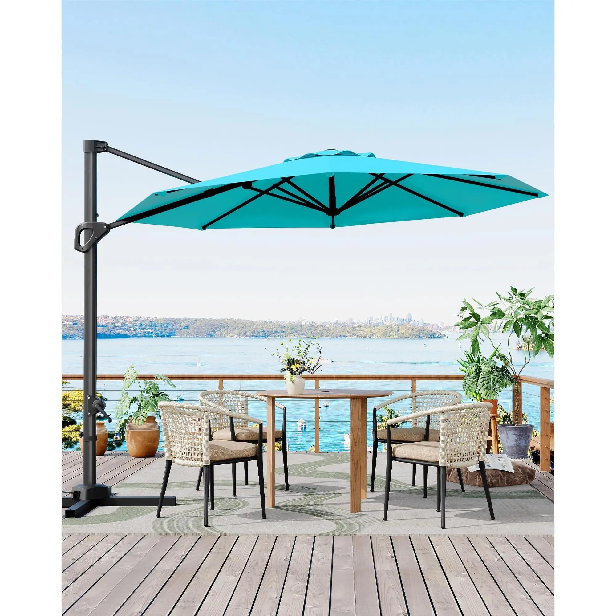 Turquoise 10ft Cantilever Patio Umbrella with Base - 360° Rotation Offset Sun Shade Parasol - Heavy-Duty Windproof, Waterproof Outdoor Umbrella - Ideal for Garden, Deck, Backyard, Patio