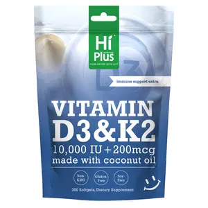 HiPlus Vitamin D3 & K2 Softgels: 10,000 IU D3 + 200 mcg K2, Immune Support & Bone Health Boost, Infused with Coconut Oil, 300-Count Natural Extra Strength Formula，creatine men,creatine monohydrate,soursop bitters,black seed oil,shilajitmen,probioticwomen