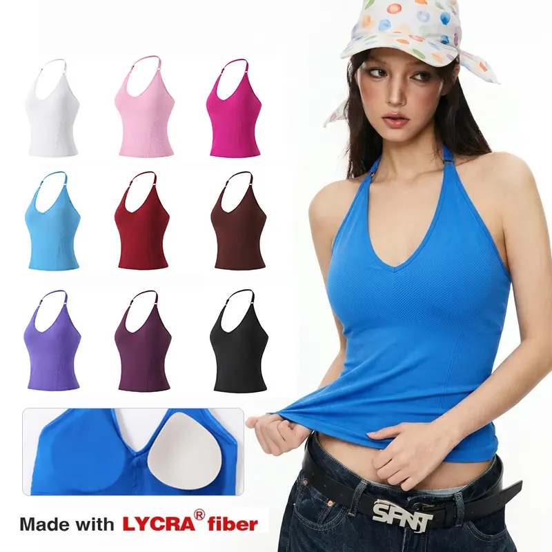 CORORO Women's LYCRA Backless Yoga Tank Top, High Stretch Sculpting Workout Crop Top, Halter Neck Sleeveless Sports Vest for Gym Fitness Running Women's Seamless  Workout Tank Top with Built-in Bra & Removable Padding for Yoga & Gym Training