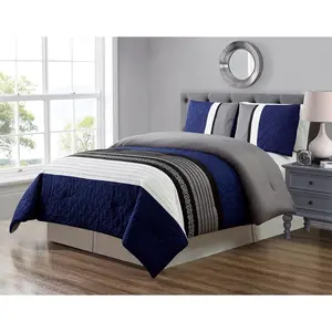 3 count Navy Blue/Grey/Black/White Scroll Embroidery Bed in A Bag Down Alternative Comforter Set (Double) Full Size Bedding.  for Any Bed Room or Guest Room
