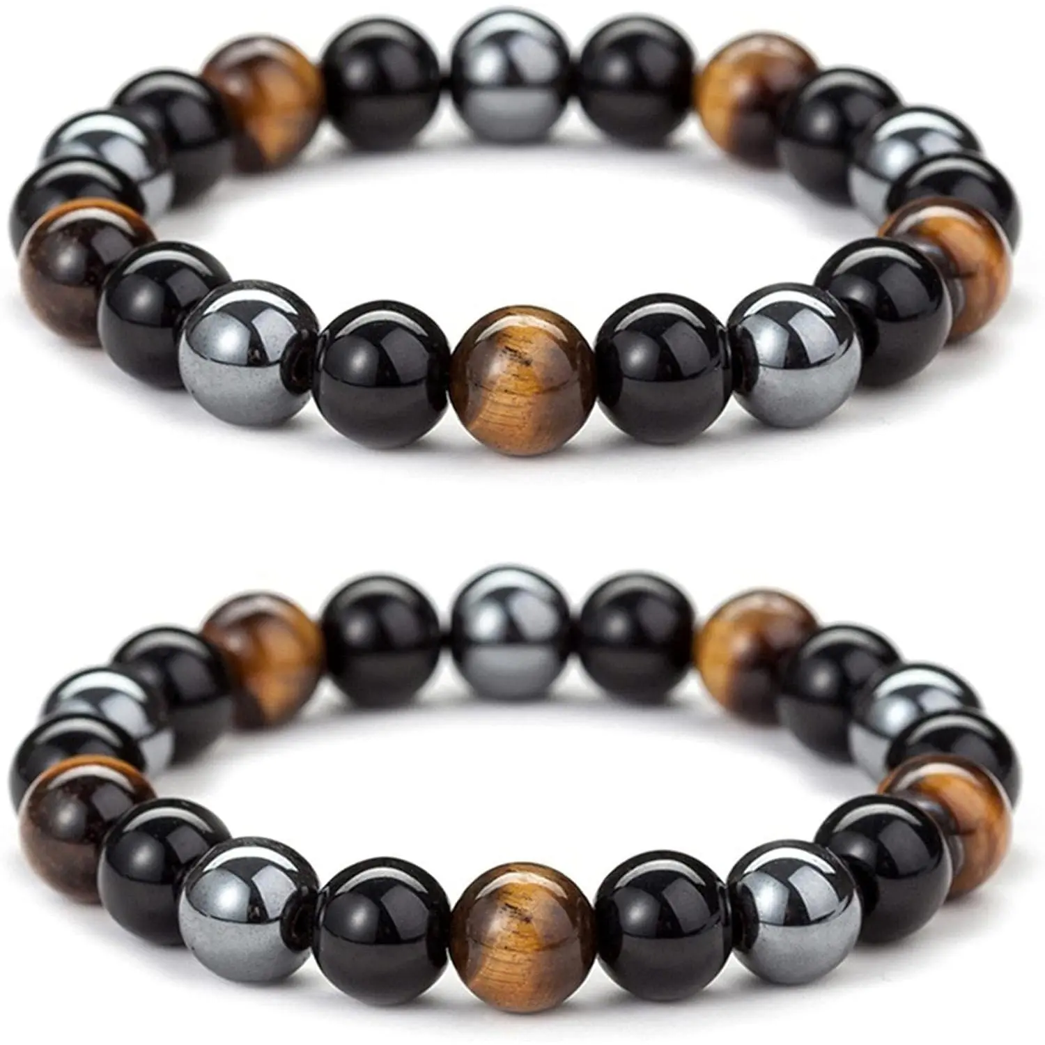 Triple Protection Bracelet, 2-Piece Set with 10mm Hematite, Black Obsidian & Tiger Eye, Beaded Elastic Cord Healing Crystals for All Genders, Gift Idea for Luck & Prosperity, Healing Crystal Bracelet, Easy Gift For Holidays, Hand Selected Crystals, Set Pa