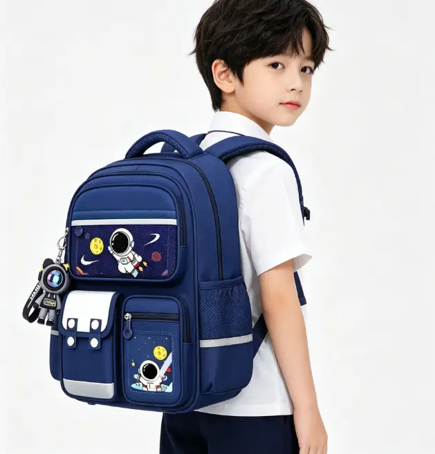 Kids' Cartoon Astronaut Stitch Mini Backpack - Navy Blue with Colorful Space Design, Large Capacity, Adjustable Straps, Tablet Pocket, Ideal for School & Commuting