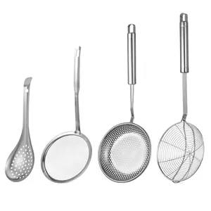 Spider Strainer & Skimmer Spoon Set, 4 Pieces Stainless Steel Ladle Metal Wire Sieve Large Holes Slotted Colander Fryer Scoop Fine Mesh Strainers with Long Handle, Food Sifter for Kitchen Cooking