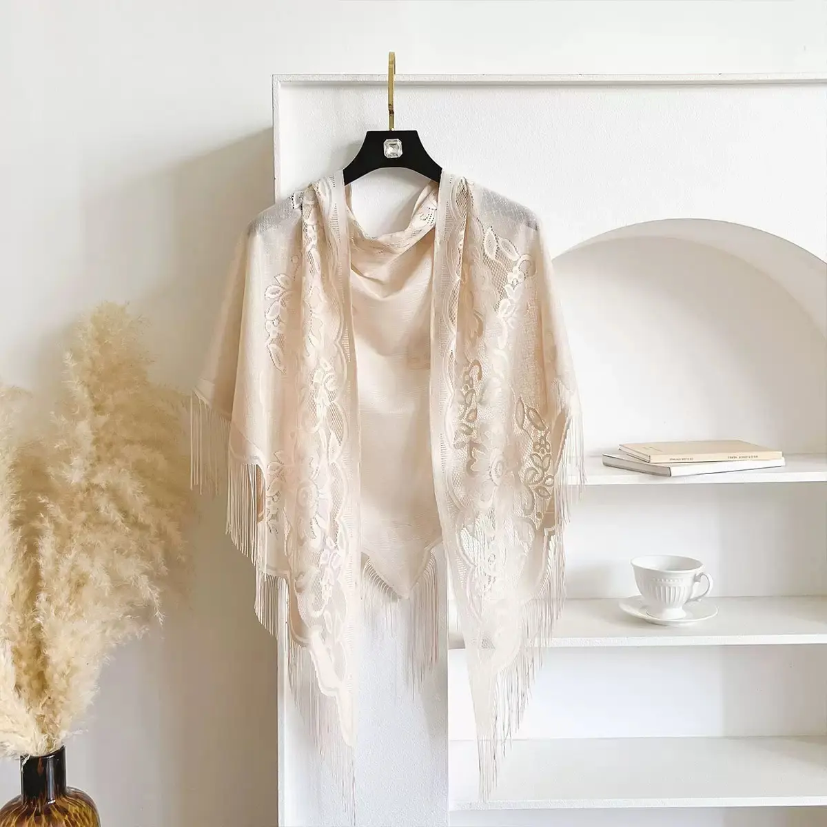 【WhyWait】Women's Boho Floral Lace Fringe Triangle Shawl - Lightweight Sheer Mesh Scarf with Tassels, Elegant Cover Up for Wedding, Anniversary, Ceremony, Daily Business Fashion Accessory