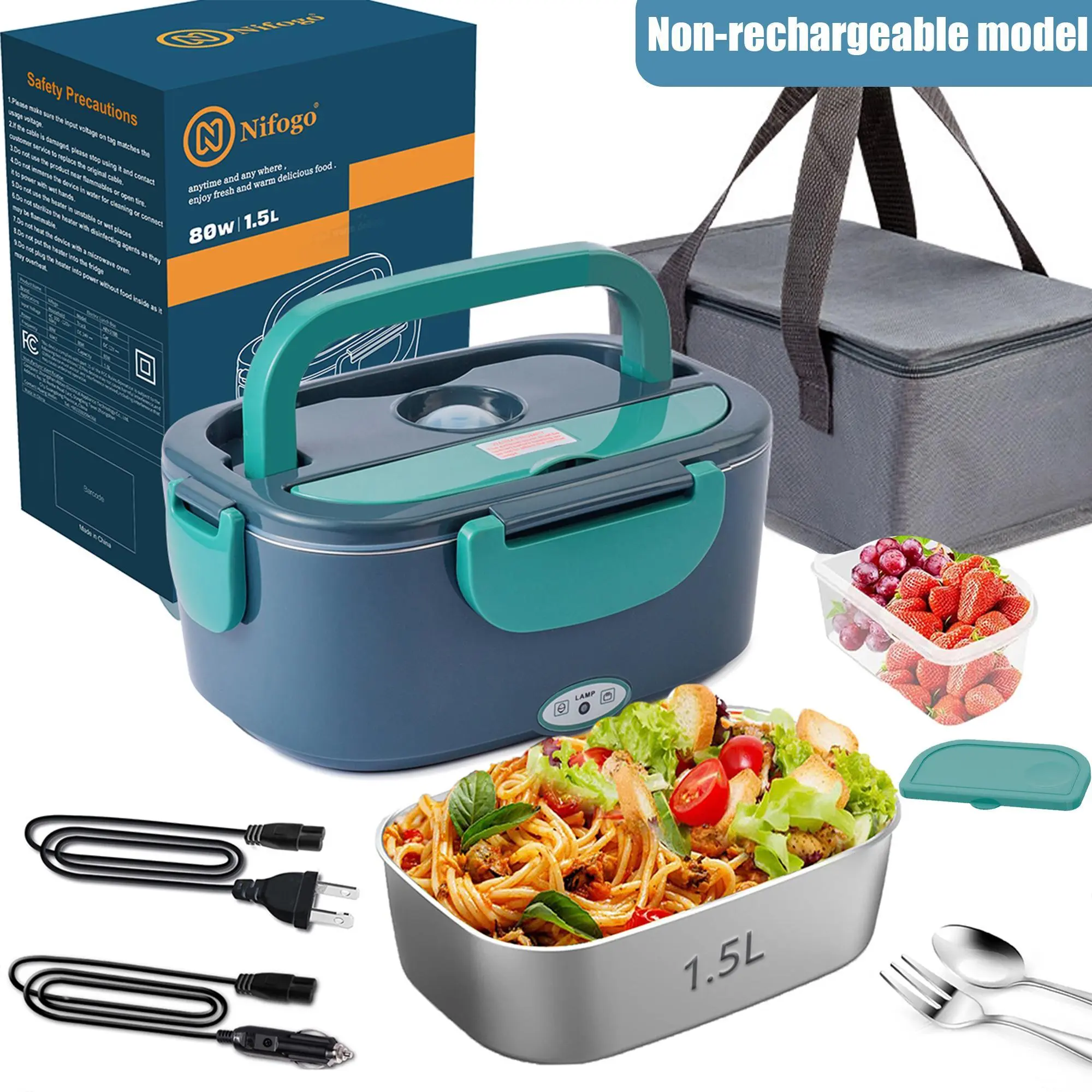 Stylish Portable Square 80W High-Power Heating Warmer Lunch Box, 1.8L Stainless Steel Liner, 12V/24V/110V Multi-Voltage, Leak-Proof, With Display Screen for Camping, Office Use