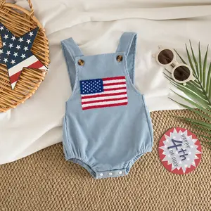 Baby Boy Girl 4th of July Outfit Sleeveless Corduroy Overalls American Flag Romper Bodysuit Infant Patriotic Clothes