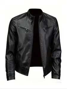 Men's Solid Pocket Zipper PU Leather Jacket Coats, Regular Fit Casual Long Sleeve Stand Collar Outerwear for Spring & Fall, Fashion Men's Clothes for Daily Wear